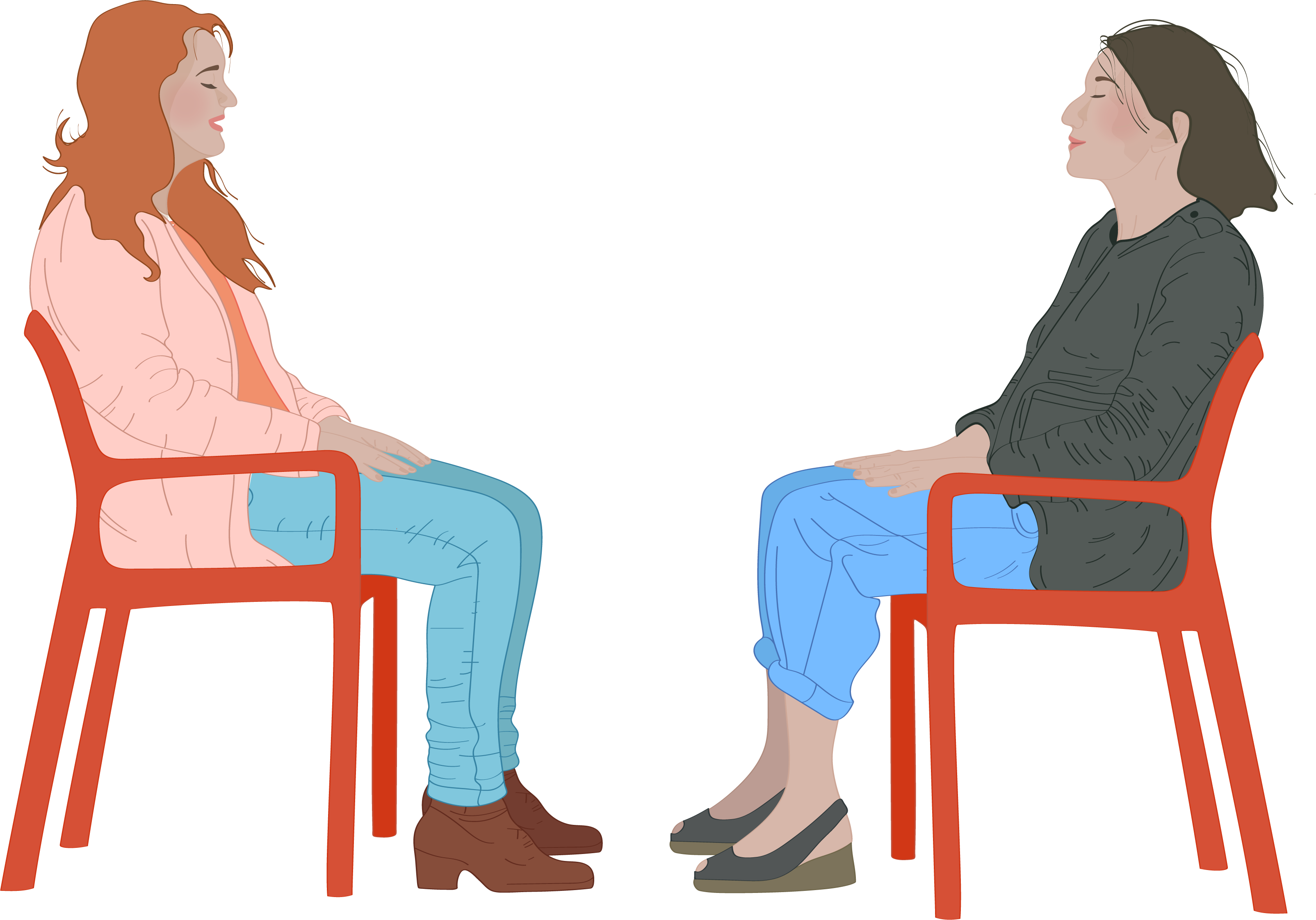 Deux femmes se tiennent assises l'une face à l'autre, les yeux clos, mains posées sur les genoux. Elles sont assises sur des chaises rouges, nous les voyons de profil.