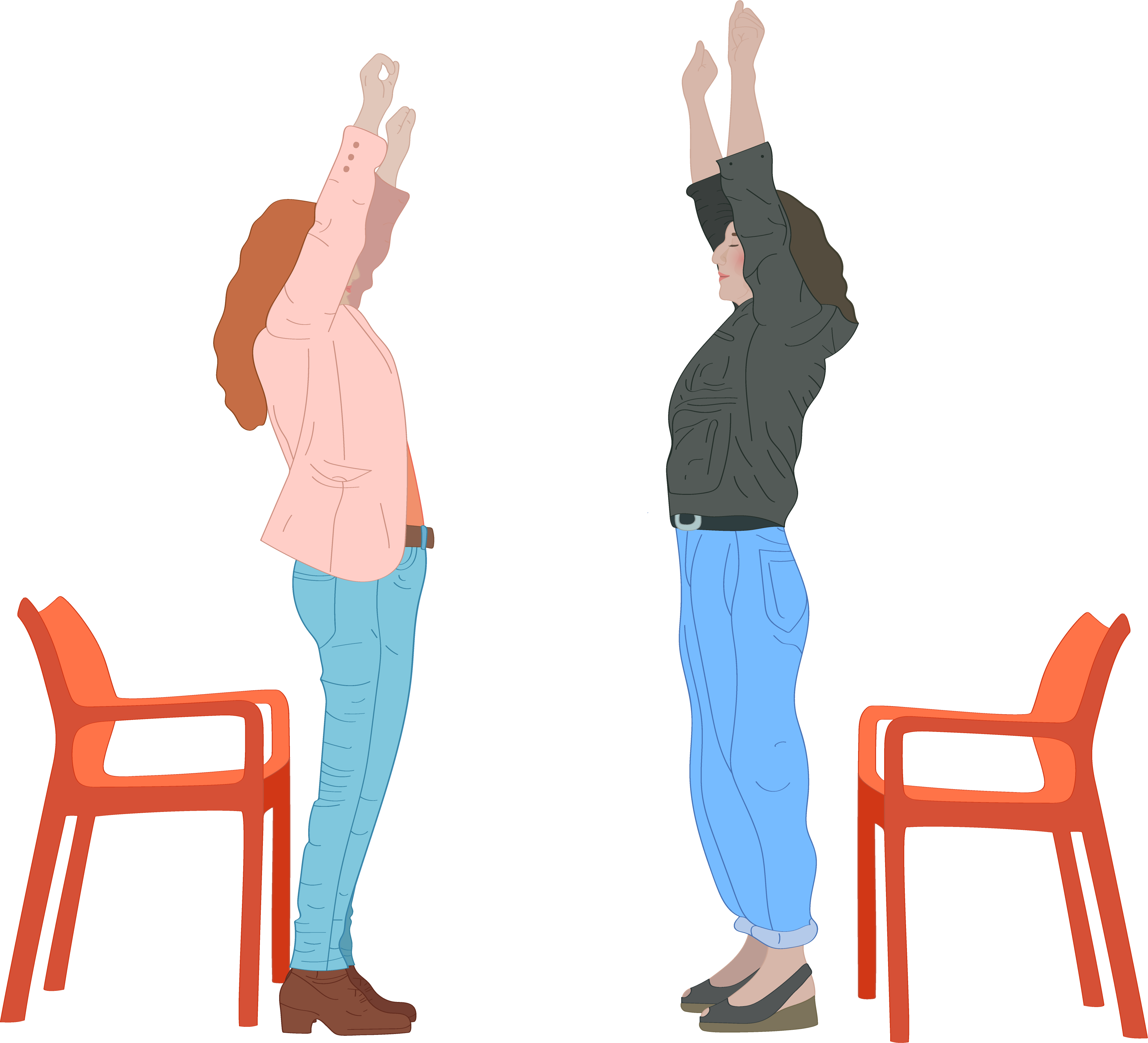 Deux femmes se tiennent l'une face à l'autre, bras tendus vers le haut. Elles sont debout, de profil, derrière chacune d'elles se trouve une chaise rouge.